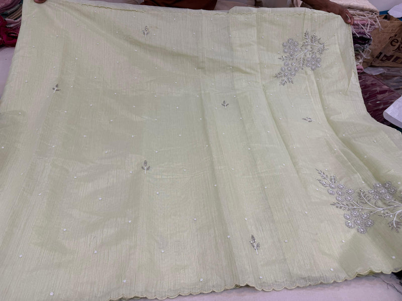 Lemon Yellow Linen Tissue Saree with Pearl Embroidered motifs