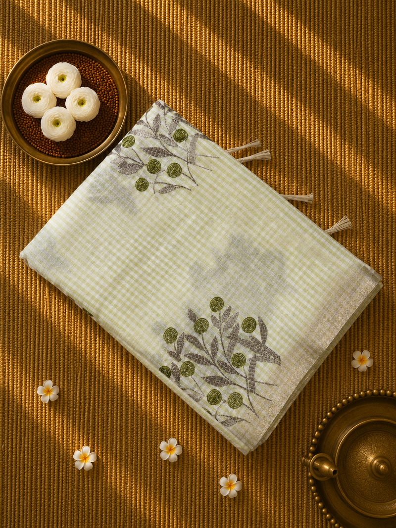 Linen Zari Saree in Checks and Floral Embroidery with Plain Blouse