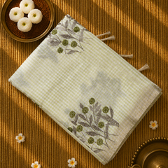 Linen Zari Saree in Checks and Floral Embroidery with Plain Blouse