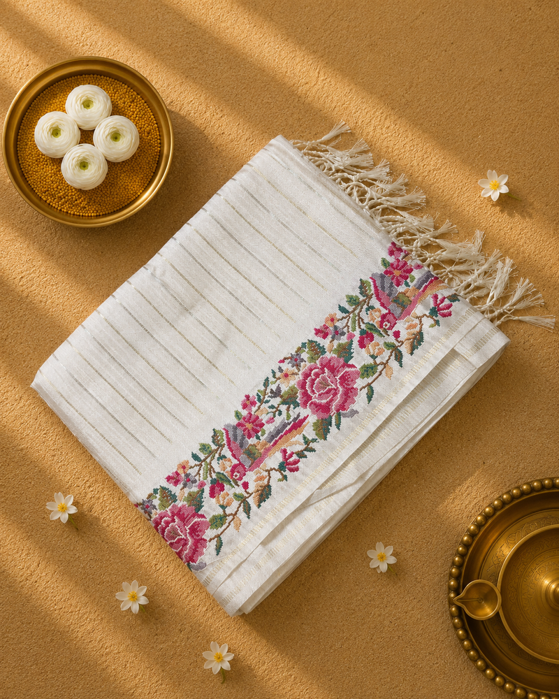 Pure Tussar Silk Saree with Vertical Zari Stripes and Petit Point Embroidery