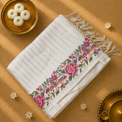 Pure Tussar Silk Saree with Vertical Zari Stripes and Petit Point Embroidery