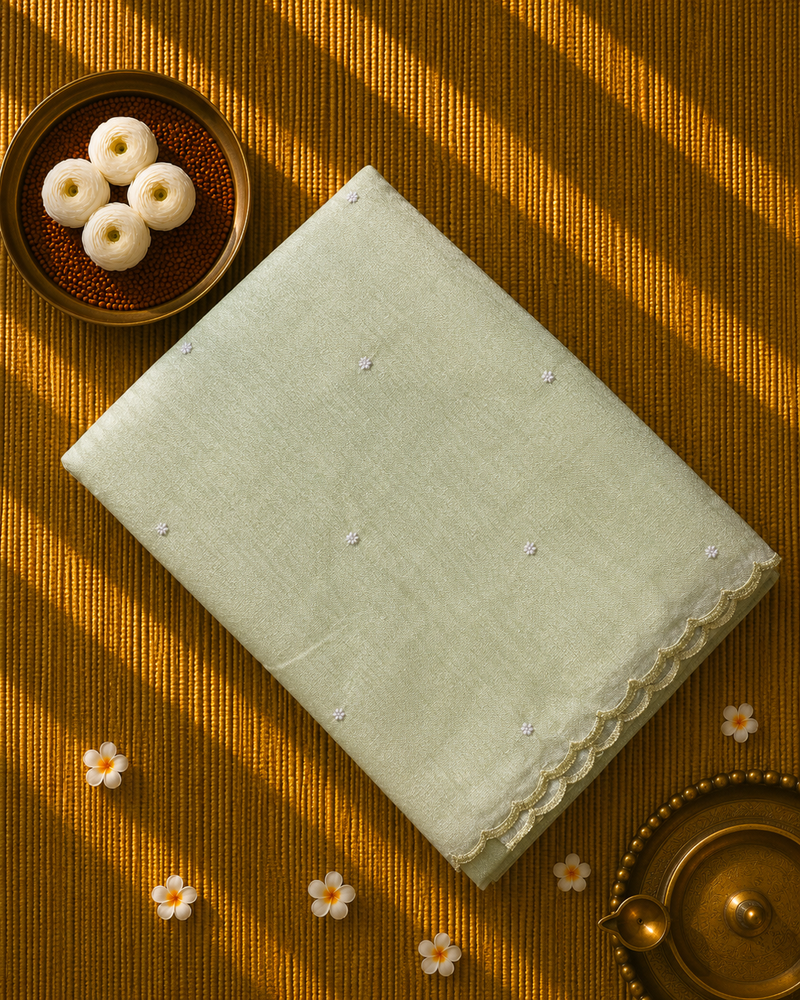 Lemon Yellow Linen Tissue Saree with Pearl Embroidered motifs