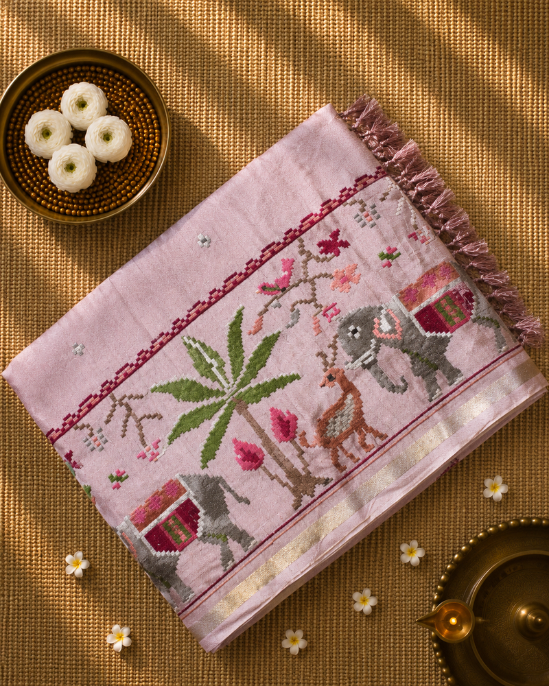 Pure Handloom Tussar Silk Saree with Embroidery and sequins in Muslin Pallu