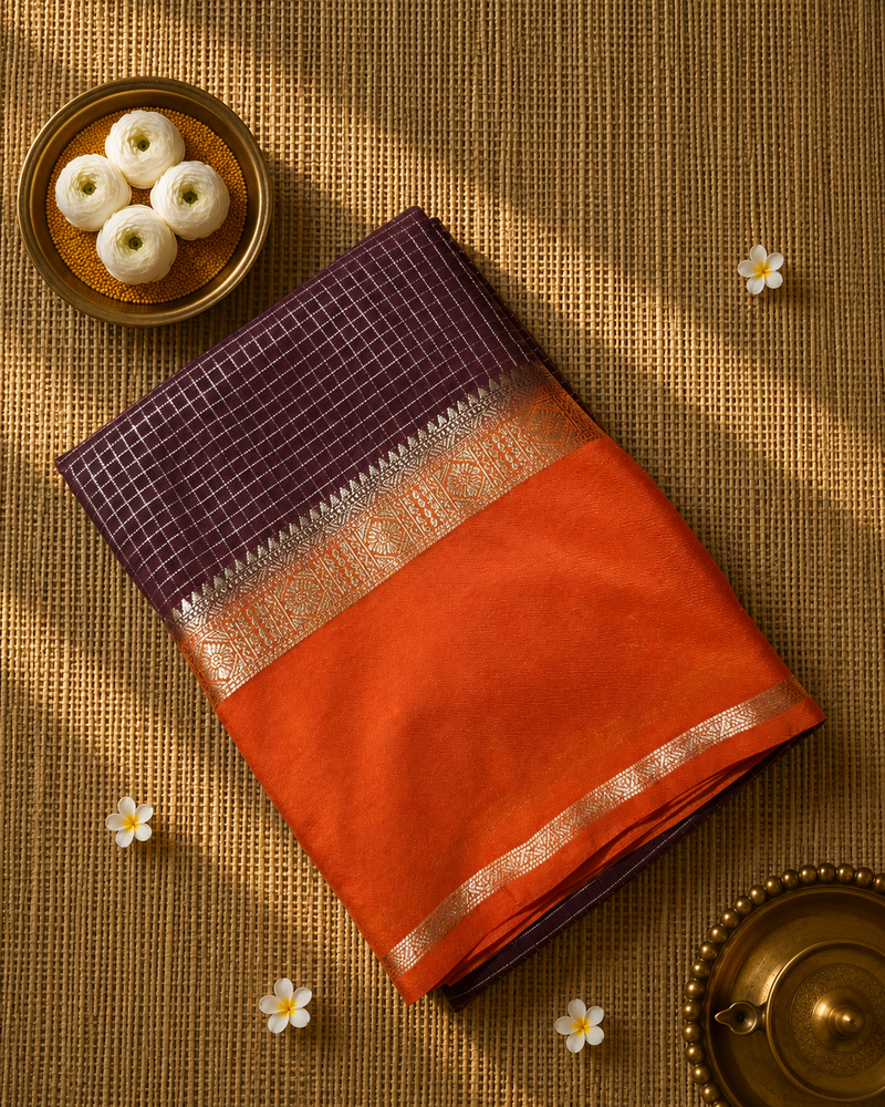 Premium Semi Mysore Crepe in Vintage Checks with Gap Border