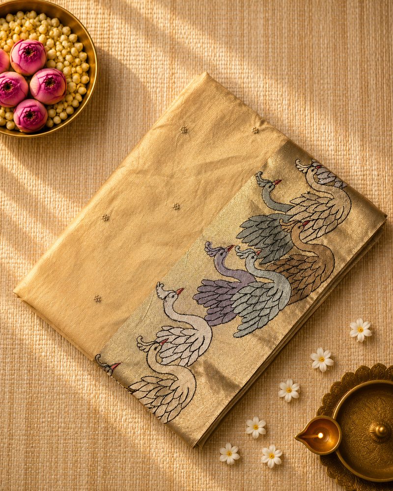 Pure Kora Tissue Silk Saree with Swan Embroidered borders