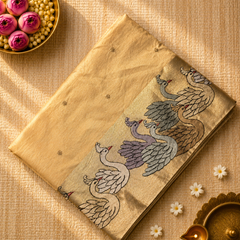 Pure Kora Tissue Silk Saree with Swan Embroidered borders
