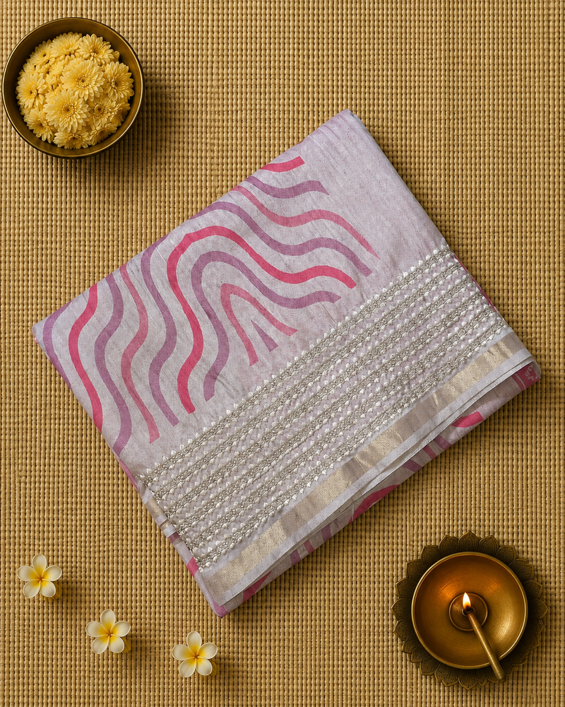 Printed Tussar Silk Saree with Embroidered Border