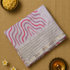 Printed Tussar Silk Saree with Embroidered Border