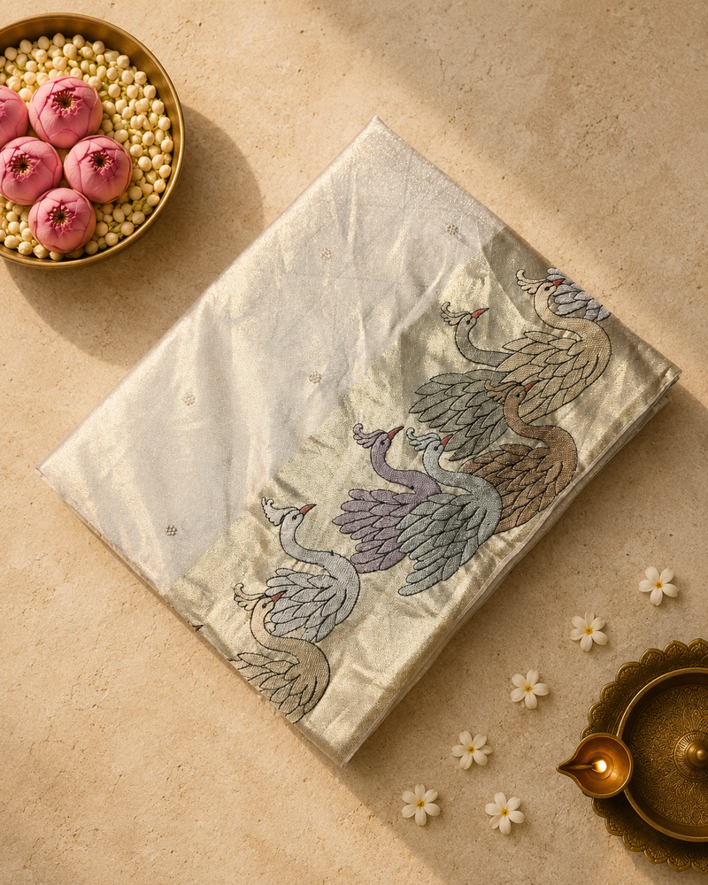 Pure Kora Tissue Silk Saree with Swan Embroidered borders