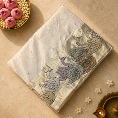 Pure Kora Tissue Silk Saree with Swan Embroidered borders