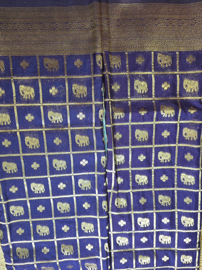 Premium Semi Mysore Crepe with Elephant motifs ,Rich Pallu and Ganga Jamuna Border