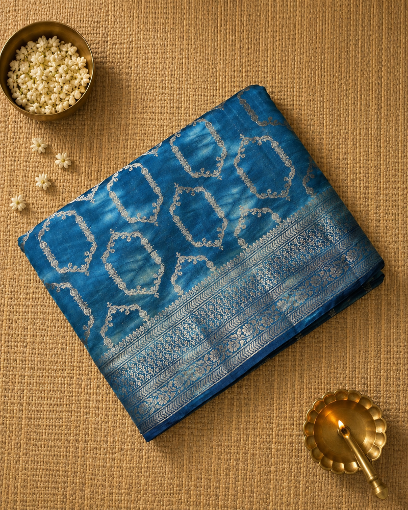 Blue Pure Chiniya Silk Saree with Rich Pallu and Blouse