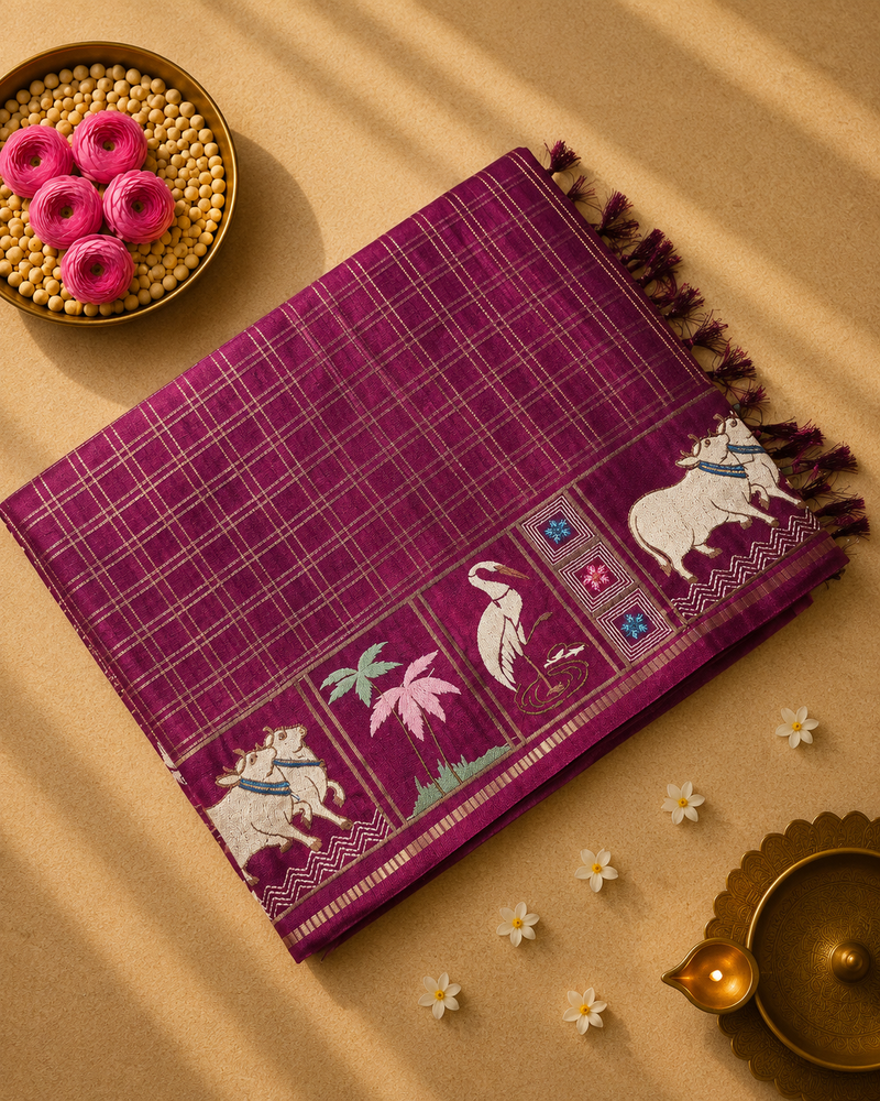 Tussar Saree with Zari checks and Embroidery