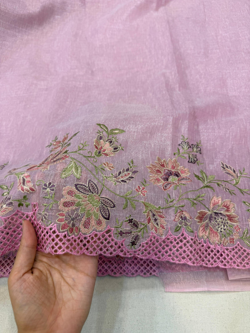Pink Linen Tissue Saree with Cutwork and Embroidery