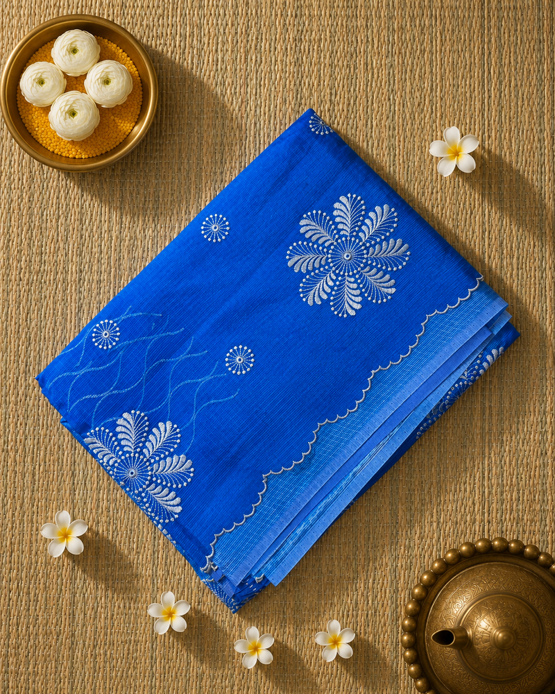 Kota Silk Saree with Scallop Border and Thread Embroidery