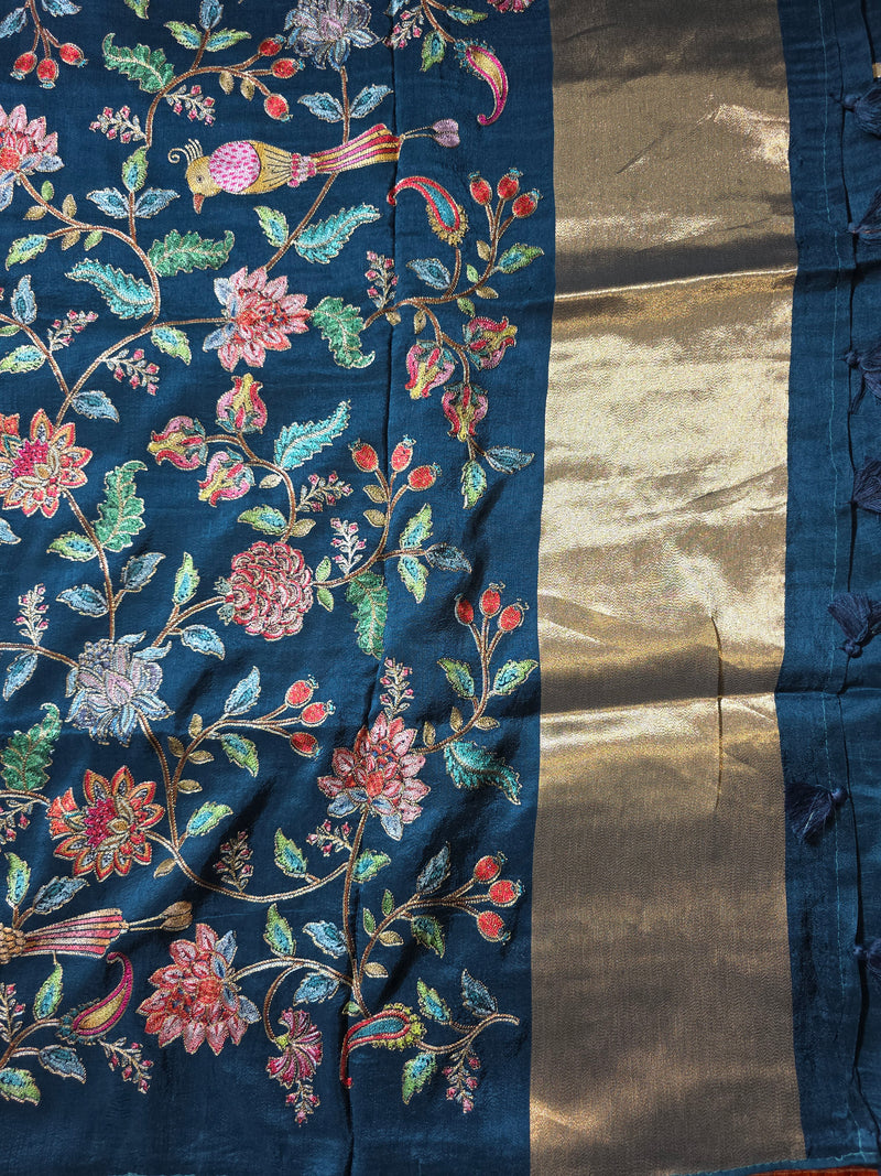 Peacock Blue Pure Dola Silk Saree in Checks and Heavy Embroidered Blouse